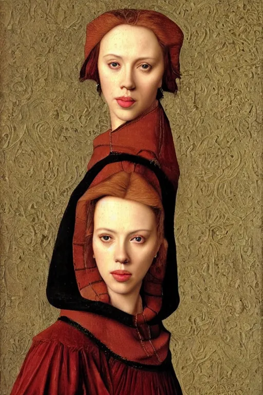 Prompt: portrait of scarlett johansson, oil painting by jan van eyck, northern renaissance art, oil on canvas, wet - on - wet technique, realistic, expressive emotions, intricate textures, illusionistic detail