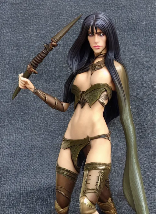 Image similar to 80mm resin detailed miniature of a Dark Elf Female, clothed in dark elf suit, olive skin, long sliver hair, Elven Dagger, Product Introduction Photos, 4K, Full body
