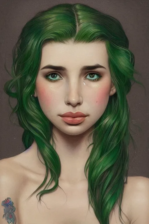 Prompt: upper body portrait shot of green hair tattooed pinup emma roberts, masterpiece, intricate, elegant, highly detailed, digital painting, artstation, concept art, smooth, sharp focus, illustration, art by artgerm and greg rutkowski and alphonse mucha and uang guangjian and gil elvgren and sachin teng, symmetry!!