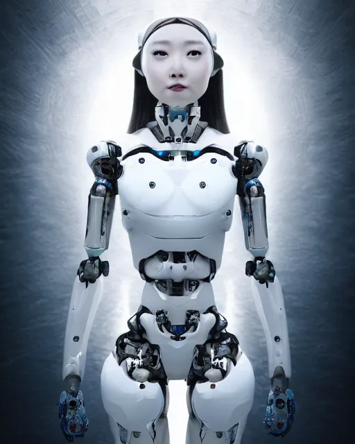 Image similar to beautiful centered fine art photo portrait of hoyeon jung as a solarpunk robotic humanoid, half body above water, white mechanical parts with led lights, ultra - realistic and detailed, white background, natural lighting, soft focus, slow exposure hdr 8 k