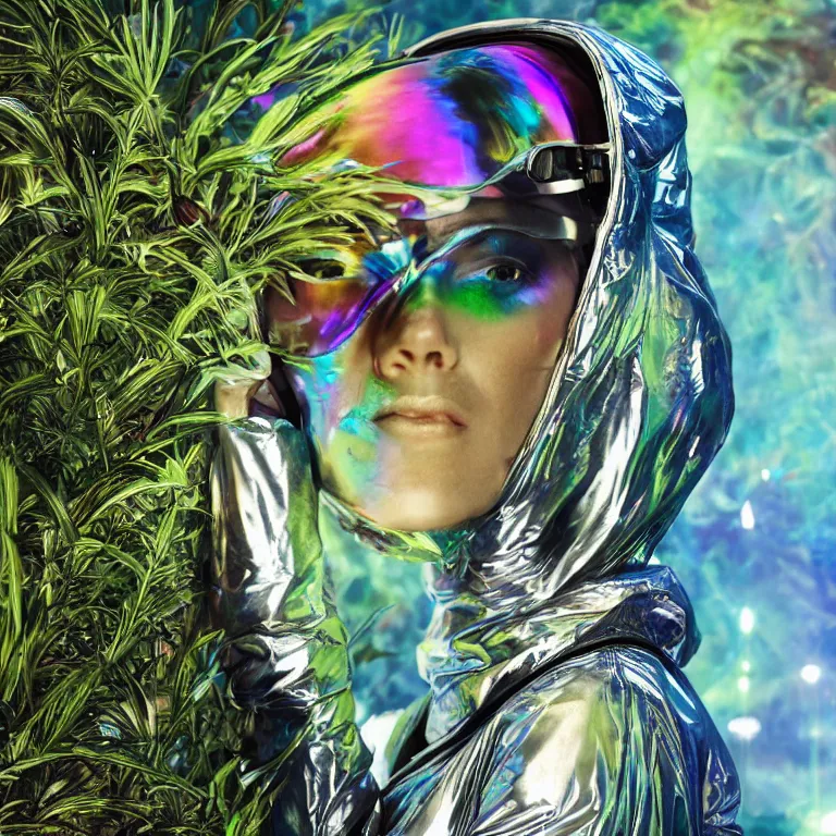 Image similar to octane render portrait by wayne barlow and carlo crivelli and glenn fabry, subject is a woman covered in tie - dye exoticic flamboyant aluminum foil space suit with a iridescent metallic space helmet, surrounded by alien plants, cinema 4 d, ray traced lighting, very short depth of field, bokeh