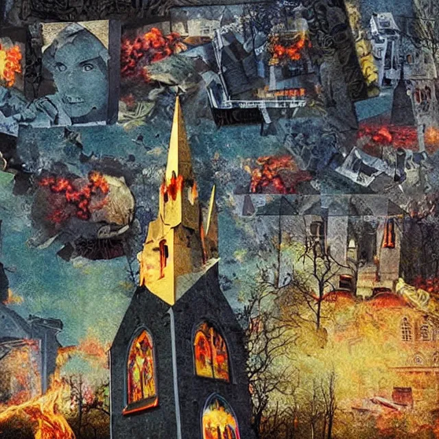 Prompt: burning church, surrealistic collage art