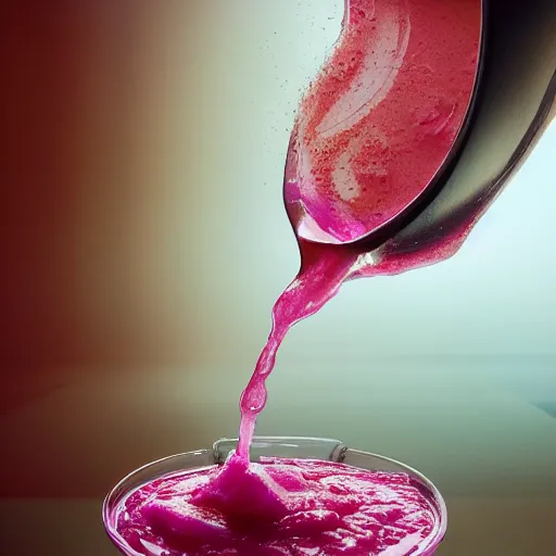 Prompt: a stream of delicious thick pink sauce pouring into an exquisitely detailed beautiful goblet, hyperrealistic, 8K HD octane render, fantasy concept art, cinematic lighting, popular on artstation