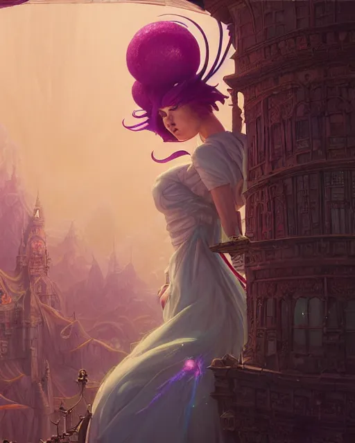 Image similar to highly detailed surreal vfx portrait of a female candypunk mage in a majestic castle by golden tree, stephen bliss, unreal engine, greg rutkowski, loish, rhads, beeple, makoto shinkai and lois van baarle, ilya kuvshinov, rossdraws, tom bagshaw, alphonse mucha, global illumination, detailed and intricate environment