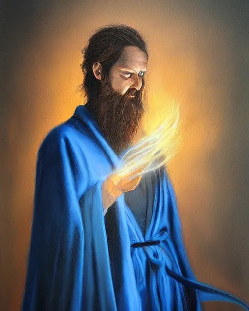 Image similar to Hyper realistic painting of a wizard in a blue robe, by Anato Finnstark, detailed, beautiful, trending on artstation