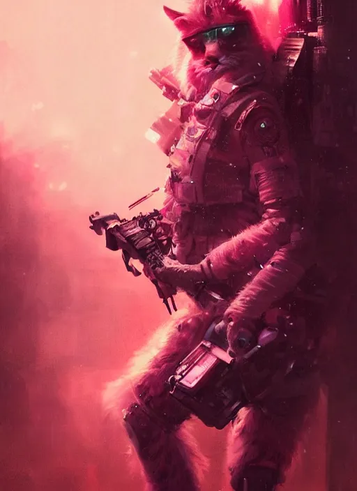 Image similar to a portrait of a futuristic cyberpunk british longhair cat soldier in war scene, epic scene, epic lighting, pink vibe, by greg rutkowski