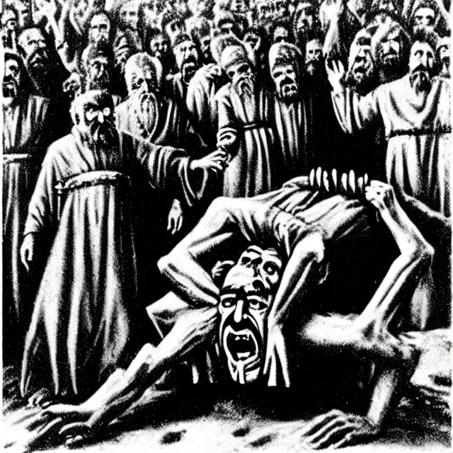 Prompt: orthodox horror icon of stalin being tortured in hell