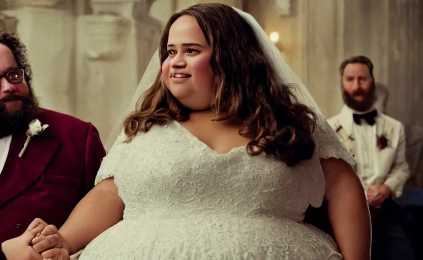 Image similar to movie still close-up portrait of Alicia Vikander happily marrying a morbidly obese bearded nerd, by David Bailey, Cinestill 800t 50mm eastmancolor, heavy grainy picture, very detailed, high quality, 4k, HD criterion, precise texture and facial expression