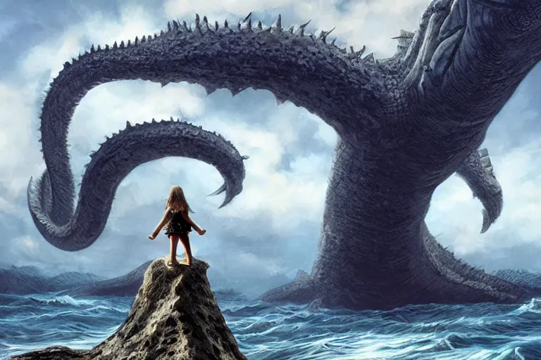 Prompt: A girl rides atop a monstrous leviathan, matte painting