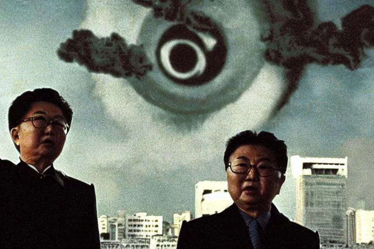 Prompt: a filmstill of Kim Jong-il looking at Starro Kaiju monster destroying Pyongyang, in Bullet Ballet by Shinya Tsukamoto (1998), traditional Korean city, palace, epic ultrawide shot, cinémascope