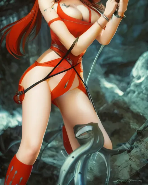 Prompt: pinup photo of asuna from sao in flame dungeon, asuna by a - 1 pictures, by greg rutkowski, gil elvgren, enoch bolles, glossy skin, pearlescent, anime, very coherent, maxim magazine, 3 d, vray, unreal 5, octave rendey, maya