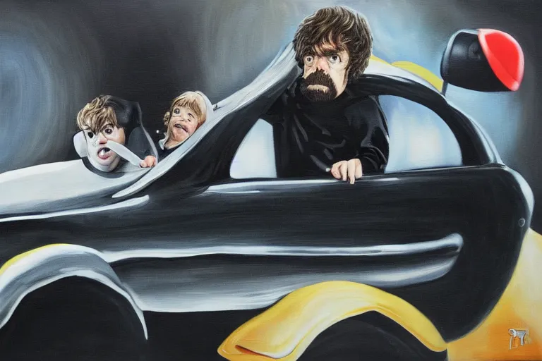 Image similar to black velvet painting of peter dinklage driving a little tikes crazy coupe