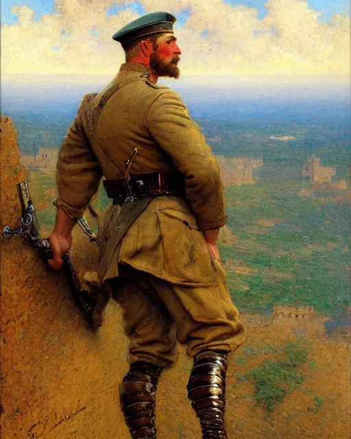 Image similar to muscular, rugged german soldier watches the horizon from on top of a castle wall, painting by gaston bussiere, craig mullins, j. c. leyendecker