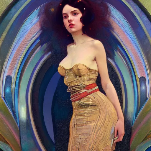 Image similar to modern woman | hyperrealistic | digital painting | trending on artstation | pinup portrait | clean | illustration | dressed | Unreal Engine 5 | 8k resolution | by Greg Rutkowski Alphonse Mucha Gustav Klimt and Mel Ramos