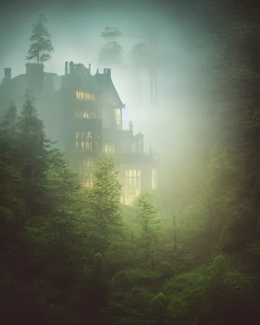 Image similar to a wide angle low photo of a colossal haunted victorian mansion on the edge of a cliff above a misty forest at night, saturated color, volumetric light, epic proportions, ectoplasm, mystical, occult, alchemy, ultra detailed, 8 k