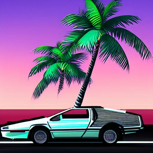 Image similar to miami beach sunset vapor wave palm trees 80s synth retrowave delorean close up ultra detail contrast specular metal car door details realistic render parts chrome