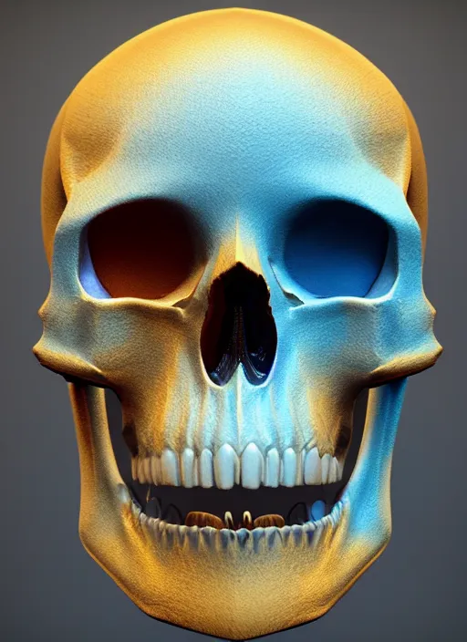 Image similar to hyperrealistic 3 d render skull, the skull is decorated with art deco patterns, hyperrealistic, volumetric lighting, ultra detailed, elegant, octane render, blue and gold, 8 k, trending on artstation, unreal engine