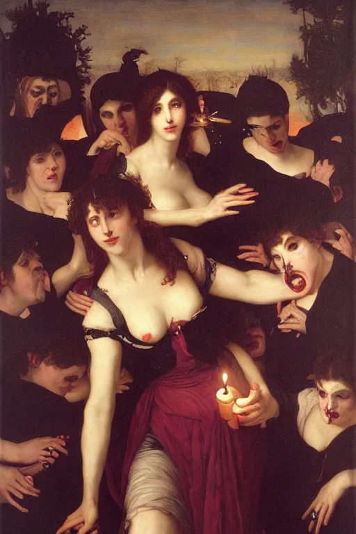 Image similar to a renaissance oil painting by alma tadema of demonic beautiful vampire woman mistress of death mourning widow running in fear from a group of muscular gigachad men, faint smile dark lipstick, dark lit candles, colourful pastel trending artstation, detailed portrait academic bouguereau caravaggio high shadow contrast medium shot