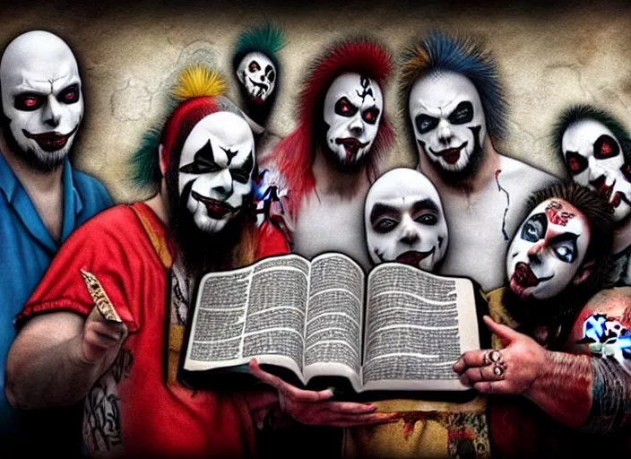 Prompt: Juggalos reading the bible, photo realistic, 8k, detailed,