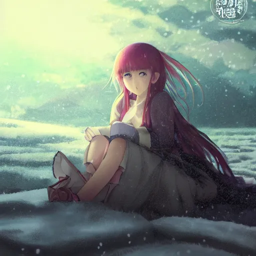 Image similar to portrait of the lone girl laying in the snows, anime fantasy illustration by tomoyuki yamasaki, kyoto studio, madhouse, ufotable, trending on artstation