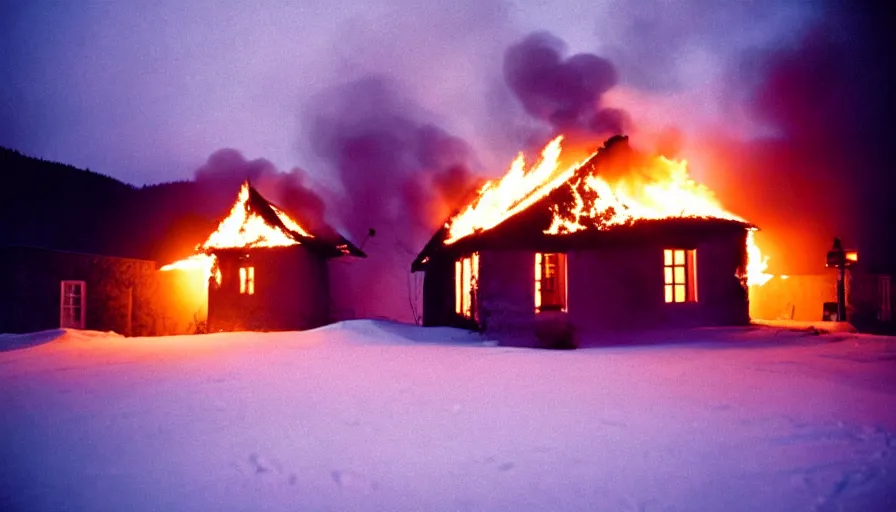 Image similar to 1 9 7 0 s movie still of a burning french style little house in a small northern french village by night in winter, cinestill 8 0 0 t 3 5 mm, heavy grain, high quality, high detail, dramatic light, anamorphic, flares