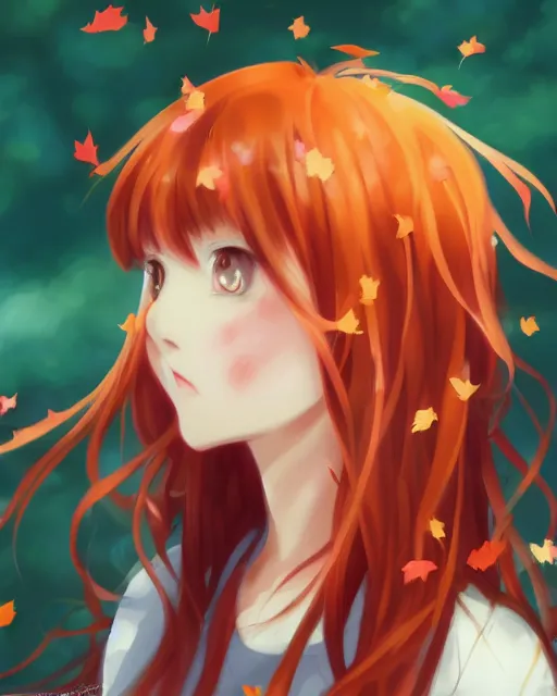 Image similar to happy cute teenage girl Portraits.Closeup of the pretty Anime girl's side face with her head slightly raised.Slightly curly Orange flowing hair .Shining highlights in Background.vivid color.digital 2D, painterly style, cinematic matte Illustration,trending on pixiv and artstation.Fine particles Red maple leaves fluttering in the air. anime wallpaper，Sunlight on the face.by Mika Pikazo，米山舞，Yoneyama Mai，Makoto Shinkai, VOFAN