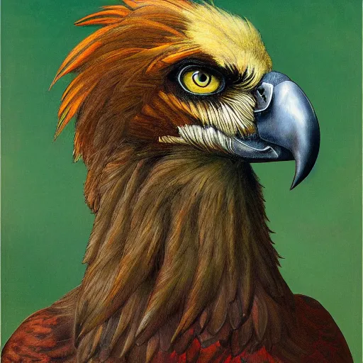 Prompt: a side portrait of a red bearded vulture gryphon, award winning, in the style of roberto ferri, Arnold bocklin, and austin osman spare, a fantasy gryphon, highly detailed