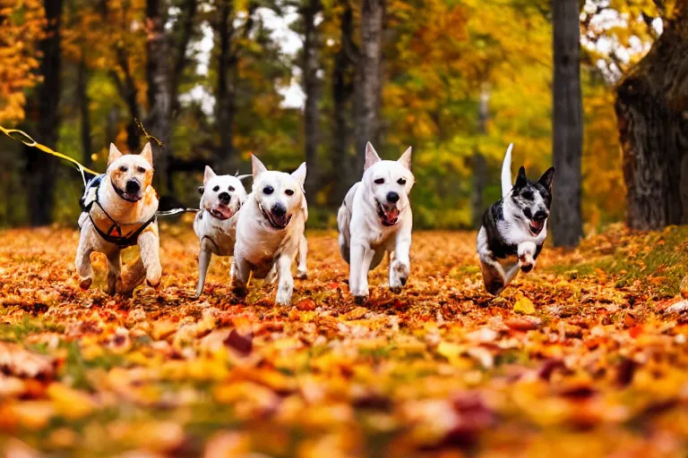 Image similar to dogs running through autumn leaves with motion blur towards the camera