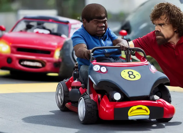 Image similar to peter dinklage racing gary coleman driving a little tikes cars, movie still, from the new fast and furious movie, 8 k, realistic