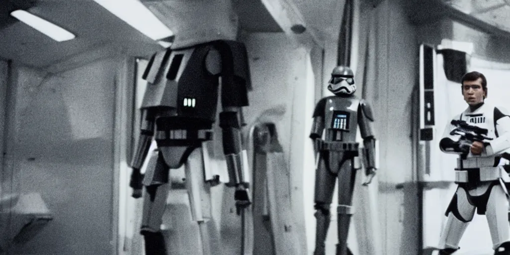 Image similar to a still from a film of a naval officer standing, back turned, in front of a large window with a live action Star Wars space battle, 35mm, directed by George Lucas, miniatures, ILM