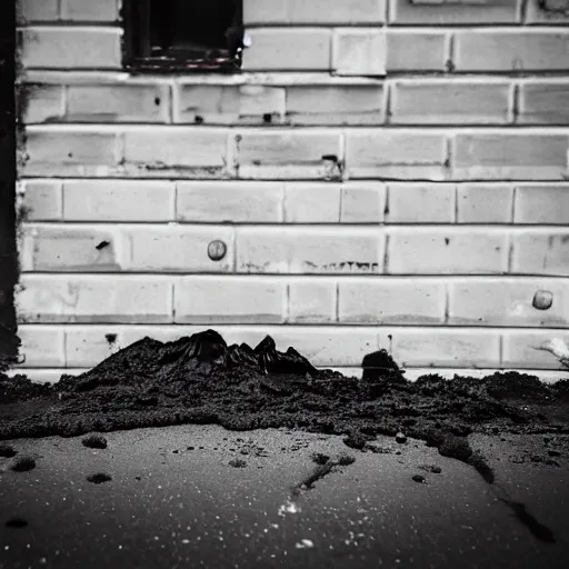 Image similar to mysterious black slime, black gooey liquid covering city buildings, buildings covered in black liquid rubber, apocalyptic, ruined, 8 5 mm f / 1. 4