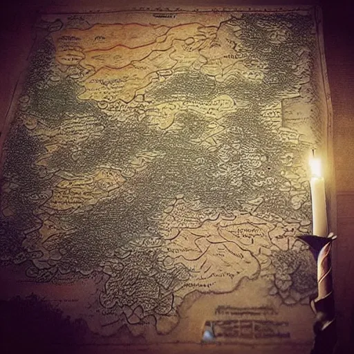 Prompt: “a half torn map laid across a table, medieval fantasy, dnd, highly intricate, highly detailed, low light, candle light”