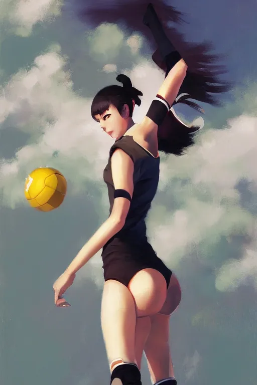 Prompt: A ultradetailed beautiful panting of a stylish woman playing volleyball, Oil painting, by Ilya Kuvshinov, Greg Rutkowski and Makoto Shinkai