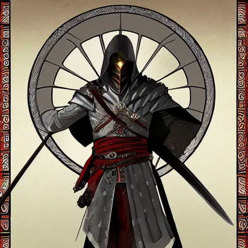 Image similar to an ultra detailed vector image of solaire of astora dressed as ezio auditore, concept art by alphonse mucha and greg rutkowski, praise the blood moon, octane render, liminal space