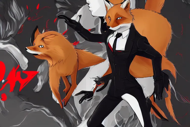 Image similar to a furry tan male fox on a persona 5 : royal ( by atlus ) video game splash screen, a furry male sandcolored tan fox fursona ( has hair ), persona 5 phantom thief style