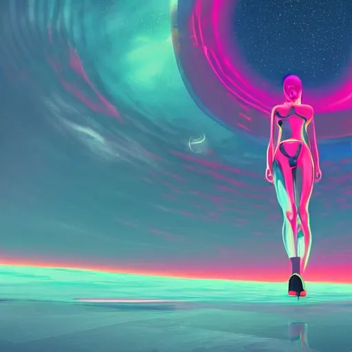 Image similar to A wide angle shot from below of a feminine body walking with swagger towards camera on mars in an infinite universe , synthwave digital art