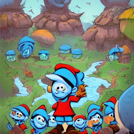 Prompt: the smurf village, artwork by skottie young