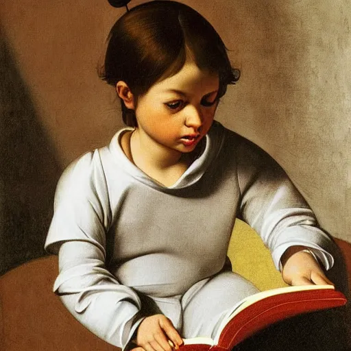 Prompt: minimalist full lenght portrait of a beautiful hyperrealistic child reading books in a futuristic room. seen from the distance in the style of Caravaggio with flemish baroque vibrant shiny maximalist textures in soft pastel tones. matte background. HD 8x