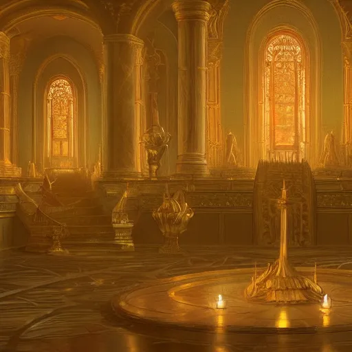 Prompt: Interior shot of new marble temple, candles, light of the gods, artstation cgsociety In stlye of greg rutkowski in style of Gustave Dore