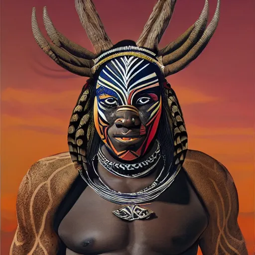 Image similar to a full body muscular male with an african mask, wearing an african armor, shaman, zulu, hamar, himba, karo, masai, samburu, by alex gray and android jones, karol bak, ilya golitsyn, ayami kojima, amano, black panther, moebius, concept art, character design, fantasy, 3 d, 8 k resolution