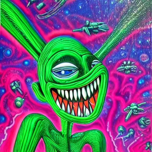 Prompt: a very strange humanoid alien on an alien world somewhere in the cosmos by kenny scharf