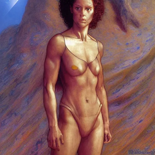 Image similar to masterpiece full body portrait of Ripley with a perfect body on Dune, by Edgar Maxence and Ross Tran and Michael Whelan and Gustav Klimpt