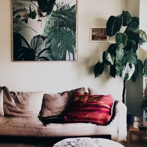 Image similar to a living room with plants and music equipment and a painting on the wall, featured on tumblr, light and space, sanctuary, soft light, aesthetic