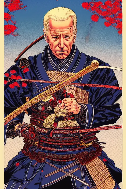 Image similar to poster of joe biden as a samurai, by yoichi hatakenaka, masamune shirow, josan gonzales and dan mumford, ayami kojima, takato yamamoto, barclay shaw, karol bak, yukito kishiro, highly detailed