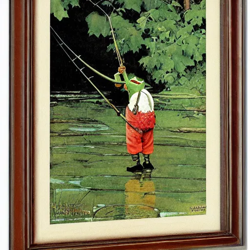 Image similar to pepe the frog fishing by norman rockwell