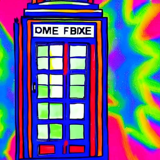 Image similar to A psychedelic fauvism painting of the TARDIS flying through a space-time vortex