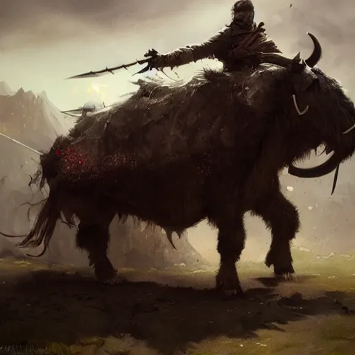 Image similar to Walter white as a dark fantasy warrior riding an armored yak, made by Greg Rutkowski