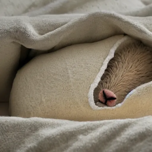 Image similar to 3d diorama of a cute sheep sleeping in a bed covered in quilts while it rains outside