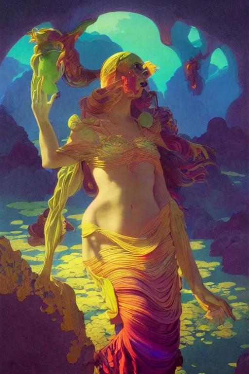 Prompt: portrait of a beautiful sorceress, vivid color, complementary color, golden ratio, detailed, sharp lines, sharp focus, intricate, rainbowshift, by maxfield parrish, by peter mohrbacher, by gustave dore, by artgerm, by alphonse mucha, deviantart, octane render