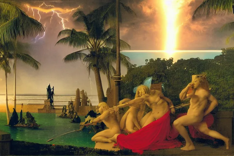 Image similar to Knight on front of balustrade and palace columns, refracted lightnings on the ocean, thunderstorm, tarot cards characters, beach and Tropical vegetation on the background major arcana sky and occult symbols, by paul delaroche, hyperrealistic 4k uhd, award-winning, very detailed paradise